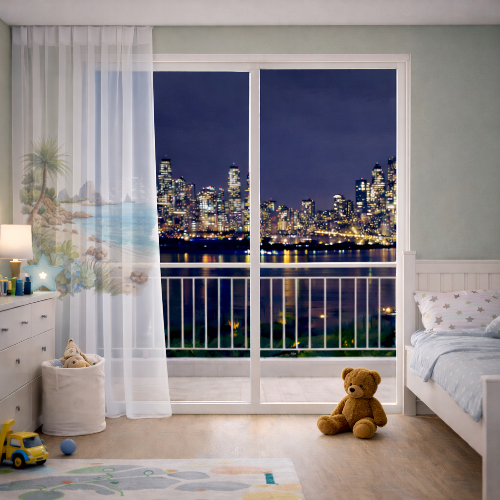 Tropical Palm Tree and Turquoise Sea Sheer Curtain