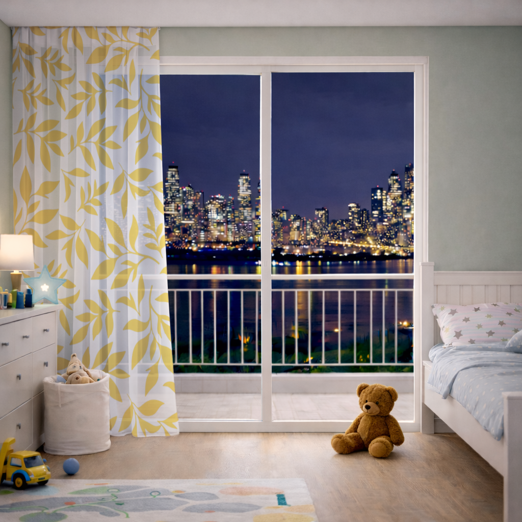 Mustard Yellow Botanical Leaves Sheer Curtain