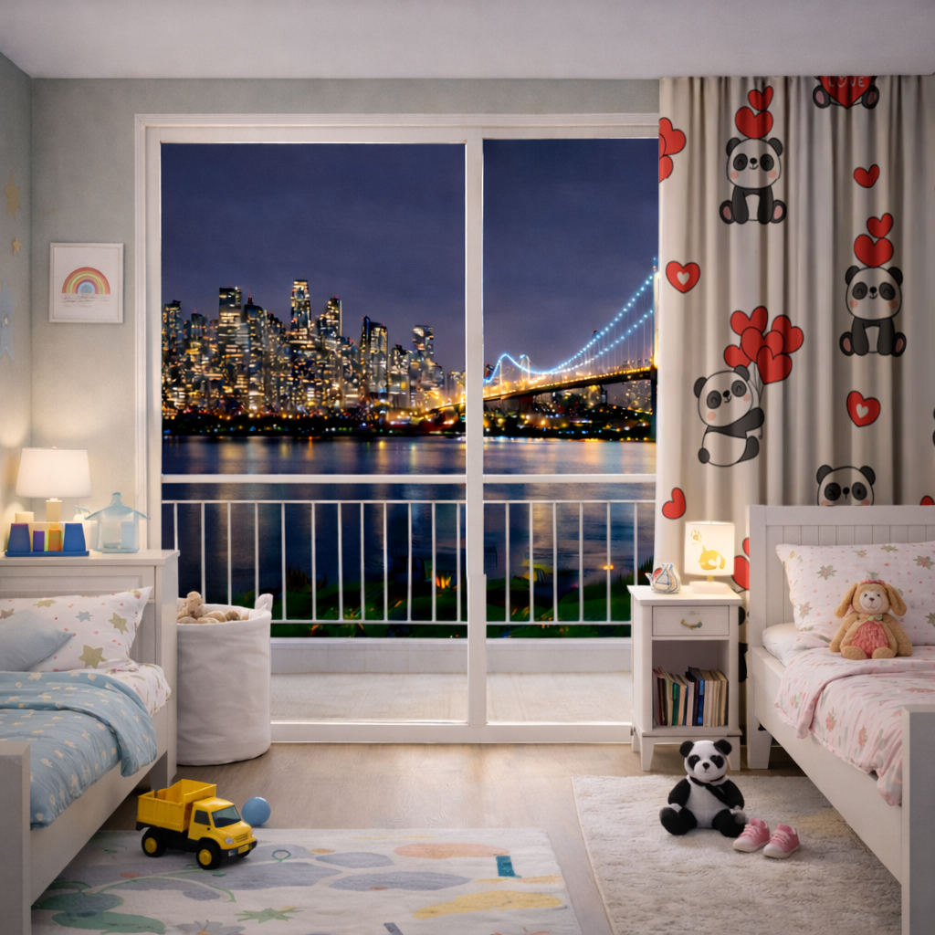 Cute Panda Valentines Day Love Heart Pattern Design Drapes