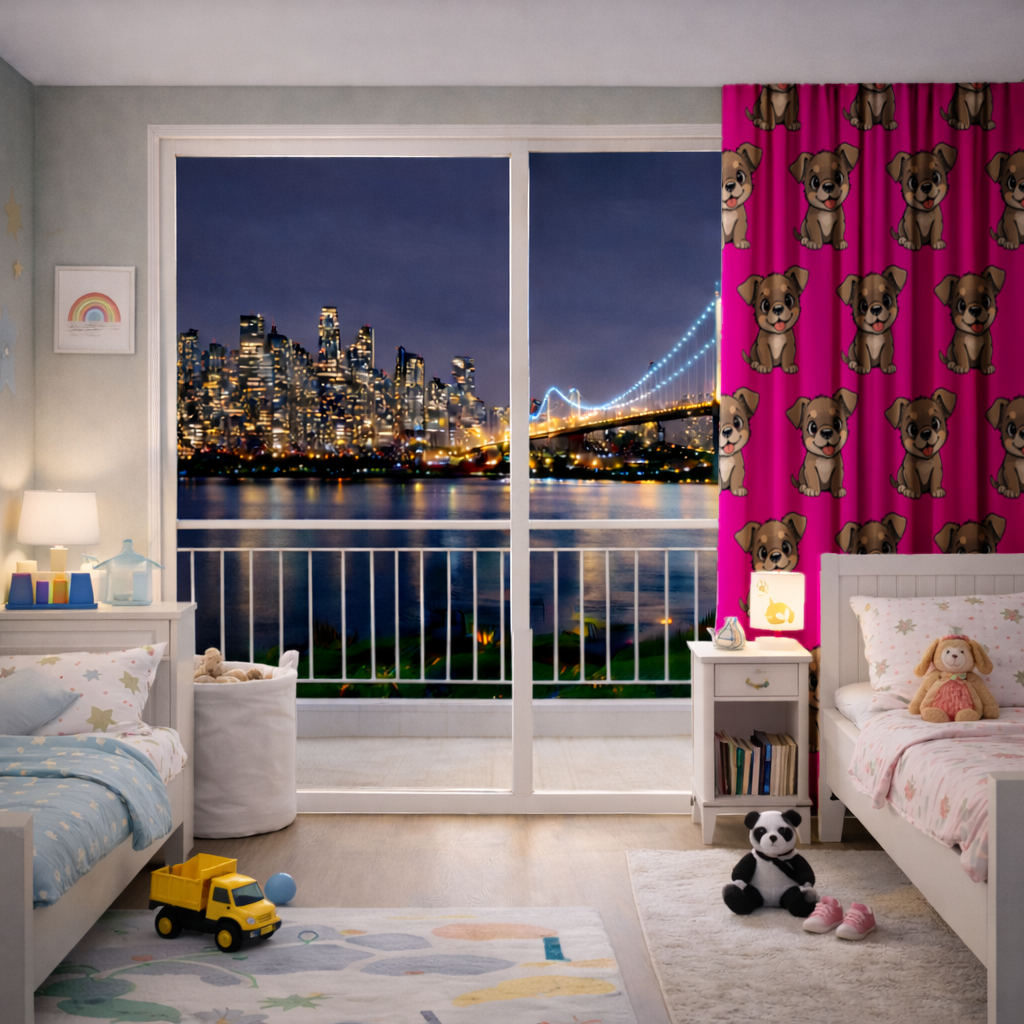 Cute Dog Illustration on Pink Background Drapes