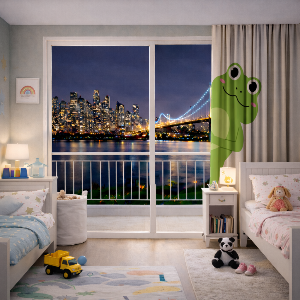 Cute Green Frog Peek-a-Boo Illustration Drapes