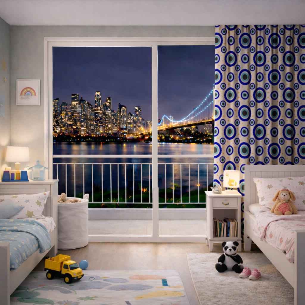 Blue Evil Eye Pattern with Stars Drapes