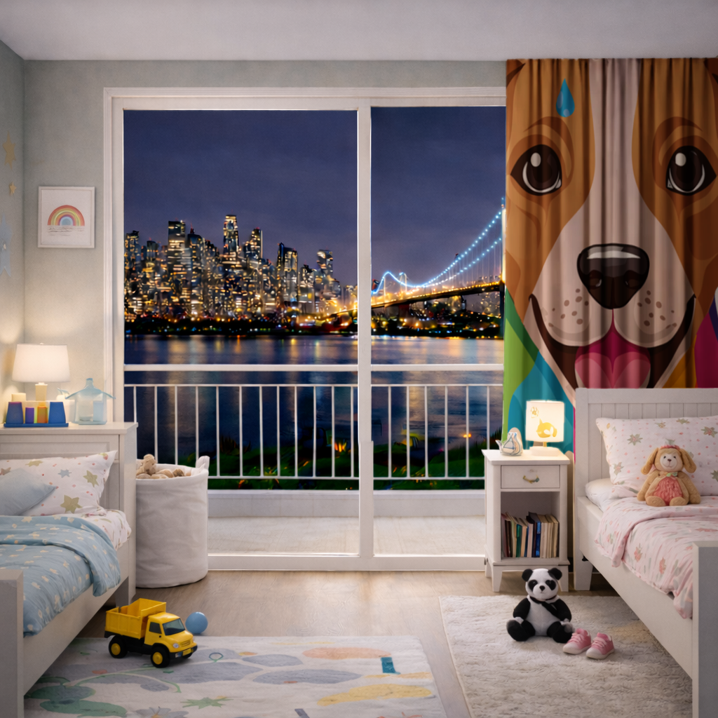 Happy Dog with Colorful Paint Drips Drapes