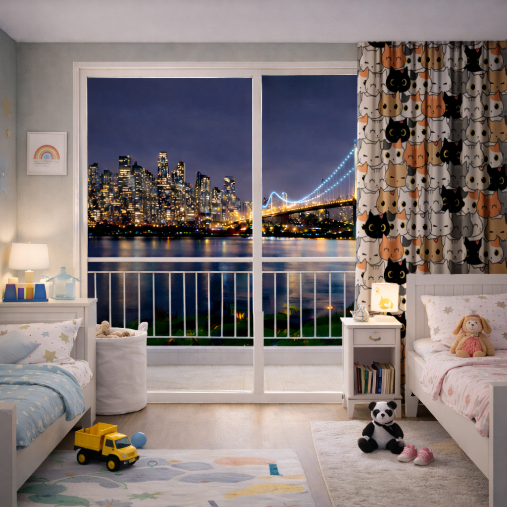 Colorful Cute Cat Faces Seamless Pattern Drapes