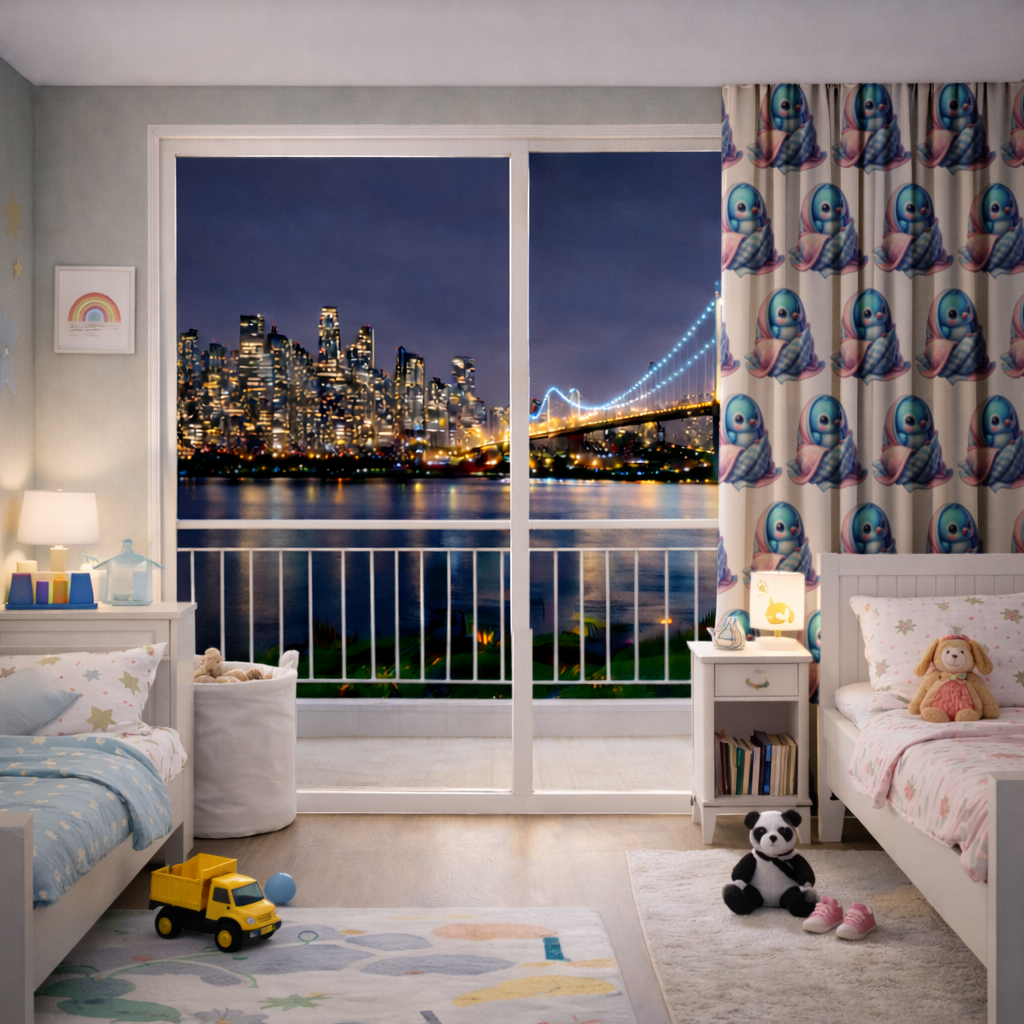 Kawaii Blue Bird in Blanket Drapes