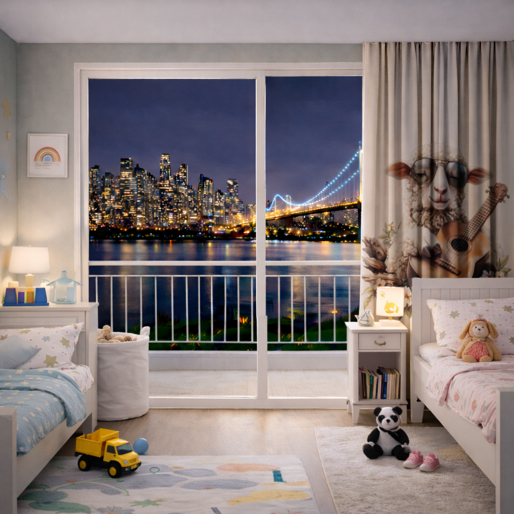 Cool Sheep Playing Ukulele with Flowers Drapes