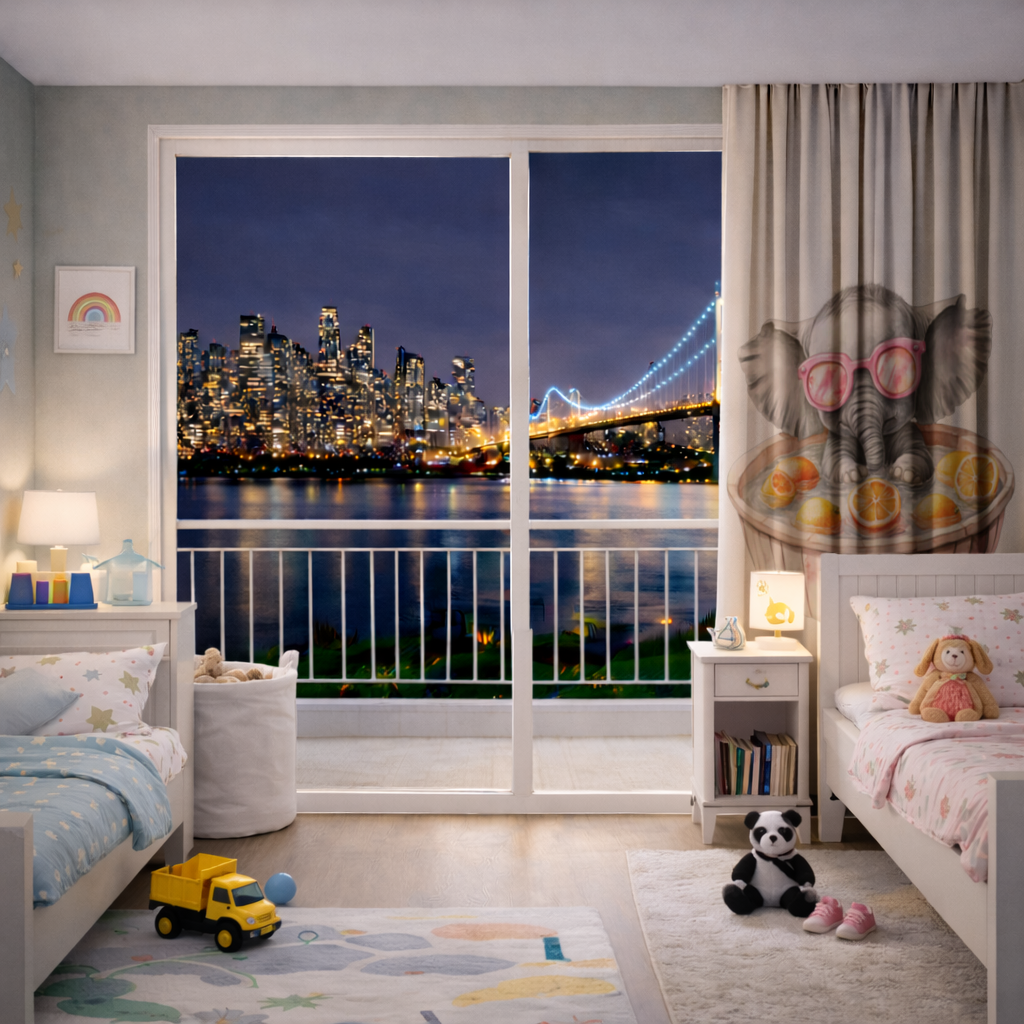 Baby Elephant in Pink Sunglasses Citrus Bath Drapes