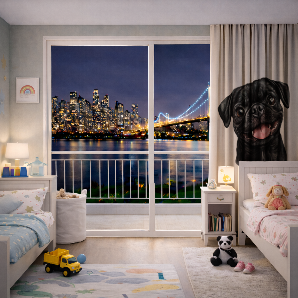 Gülümseyen Siyah Pug Köpek Fon Perde