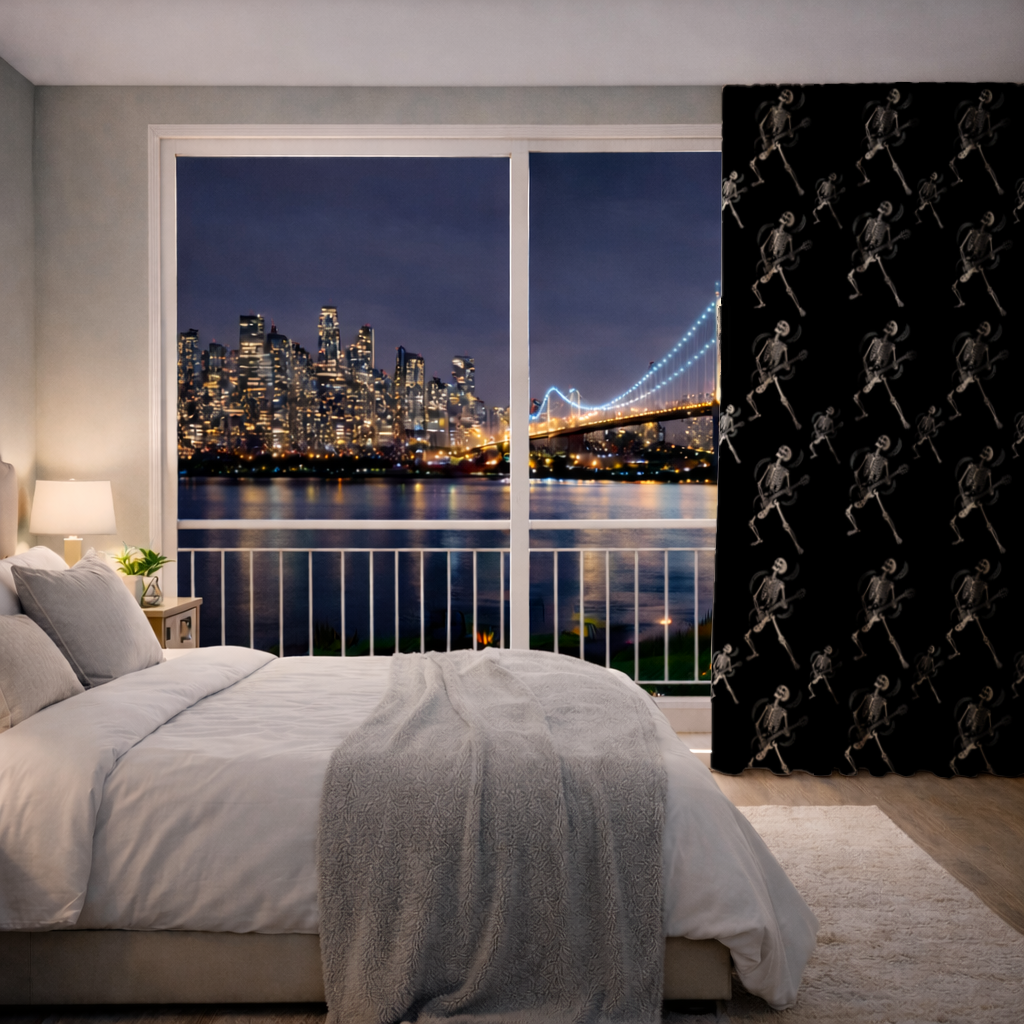 Rock Guitar Playing Skeleton Pattern on Black Drapes
