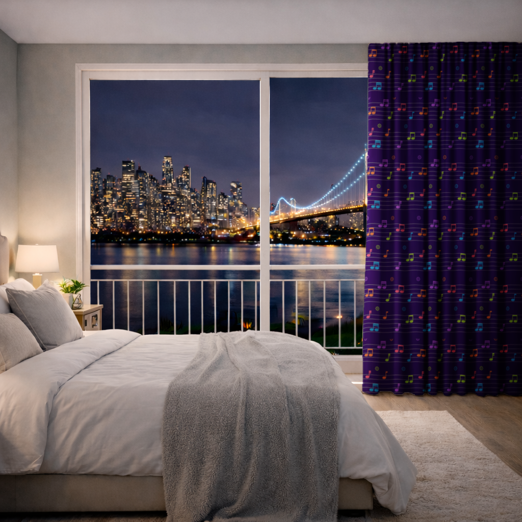 Renkli Müzik Notaları ve Modern Geometrik Desen Fon Perde