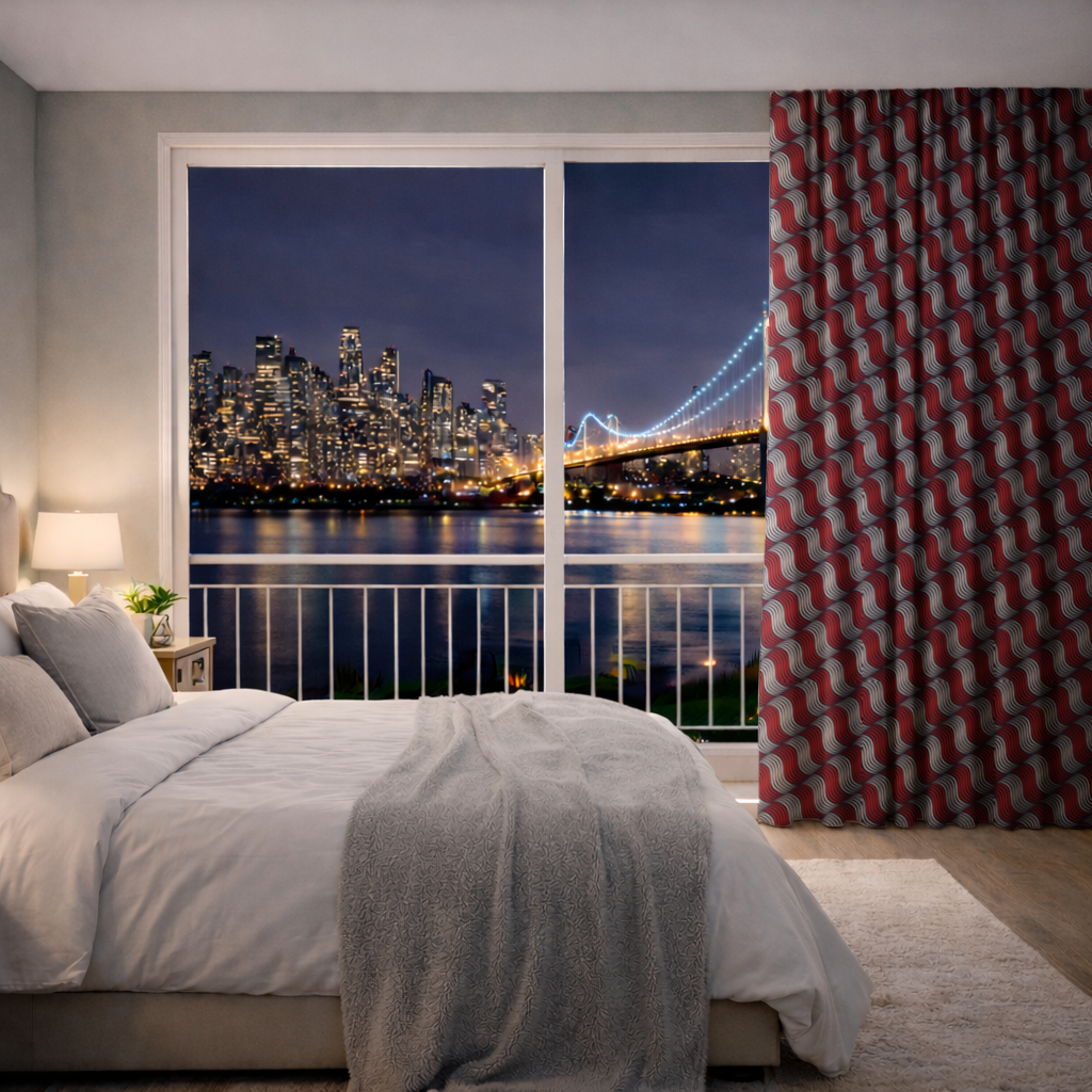Red and Navy Wavy Line Pattern Drapes