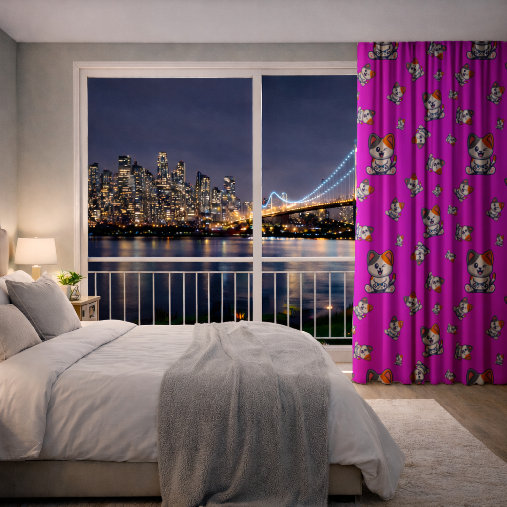 Cute Cartoon Cat Pattern on Pink Background Drapes