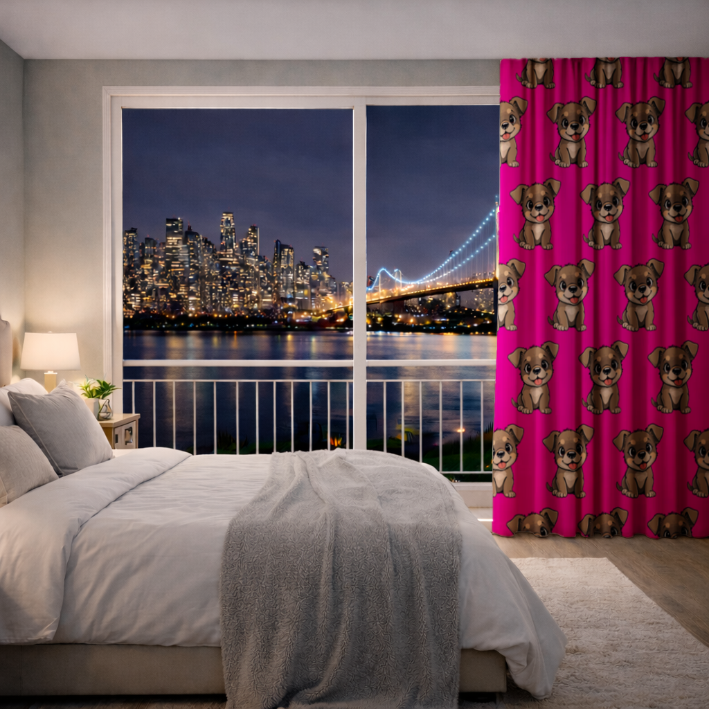 Cute Dog Illustration on Pink Background Drapes
