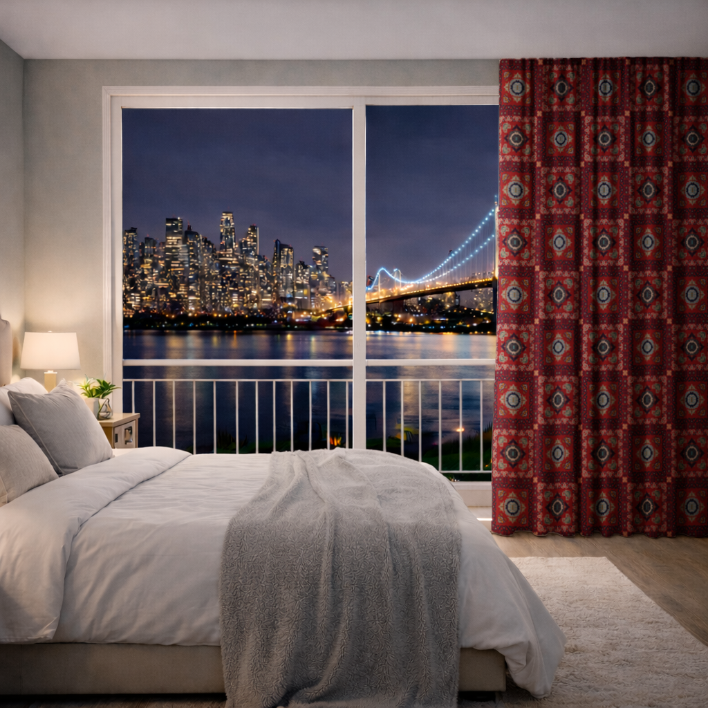 Traditional Kilim Inspired Red Ethnic Geometric Pattern Drapes