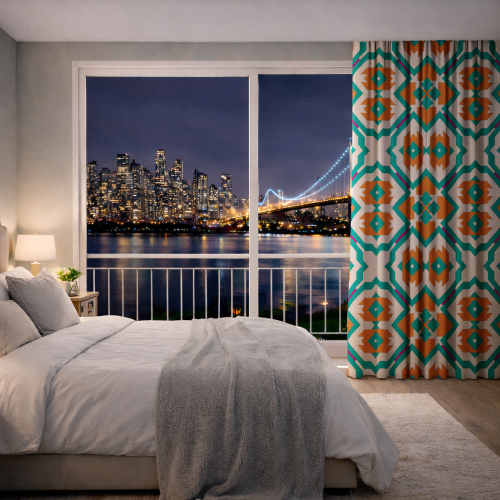 Turuncu ve Turkuaz Geometrik Desen Fon Perde