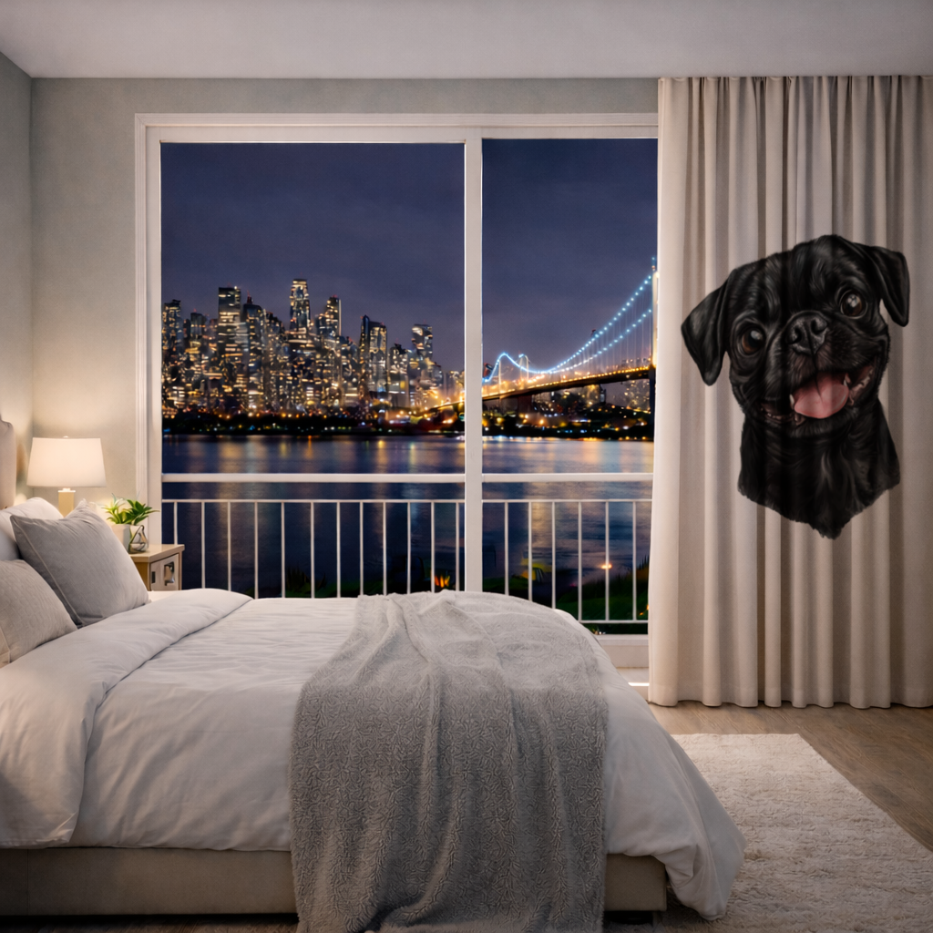 Gülümseyen Siyah Pug Köpek Fon Perde