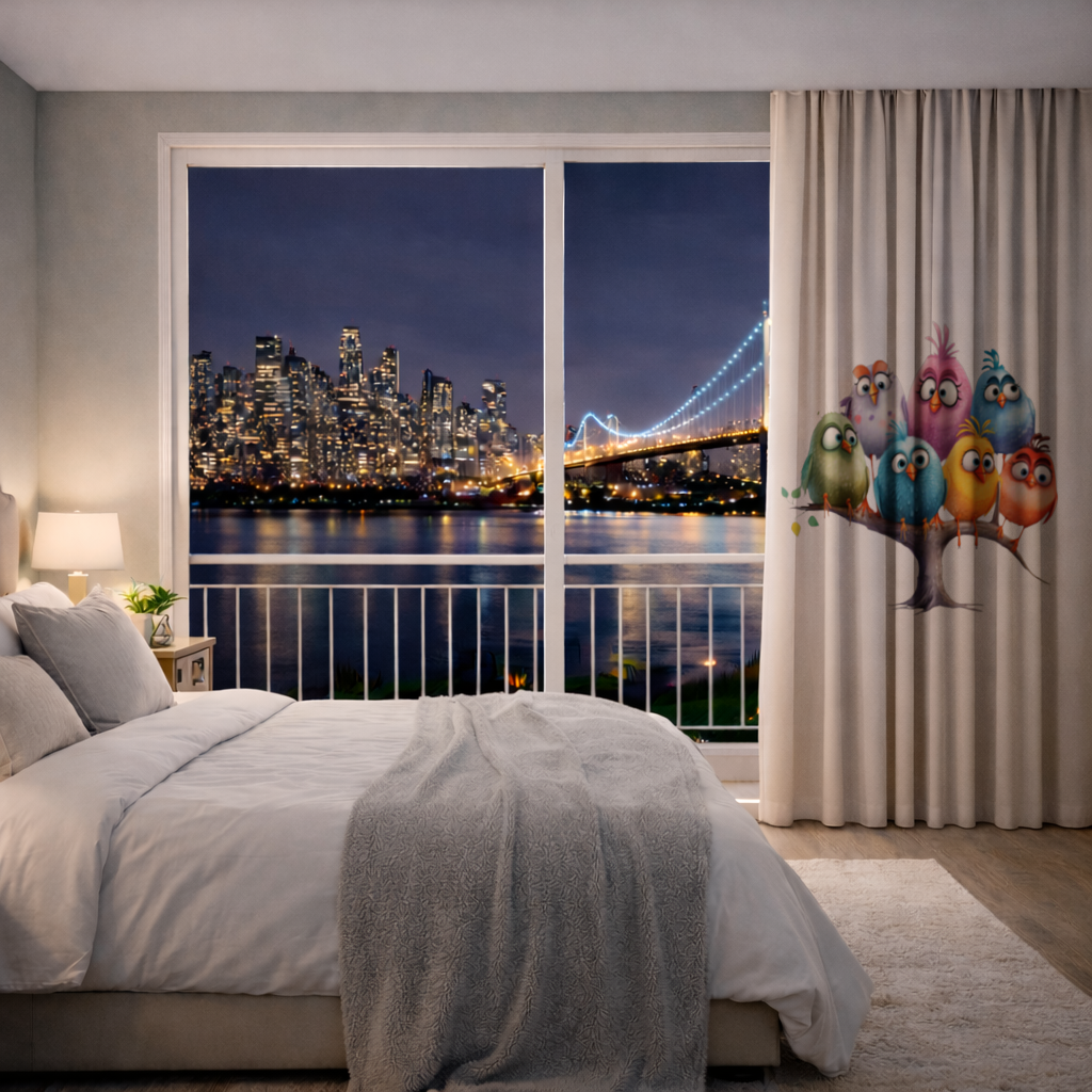 Whimsical Colorful Birds on Branch Drapes