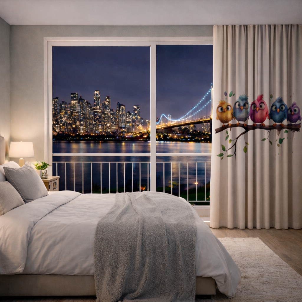 Five Colorful Kawaii Birds on Branch Drapes