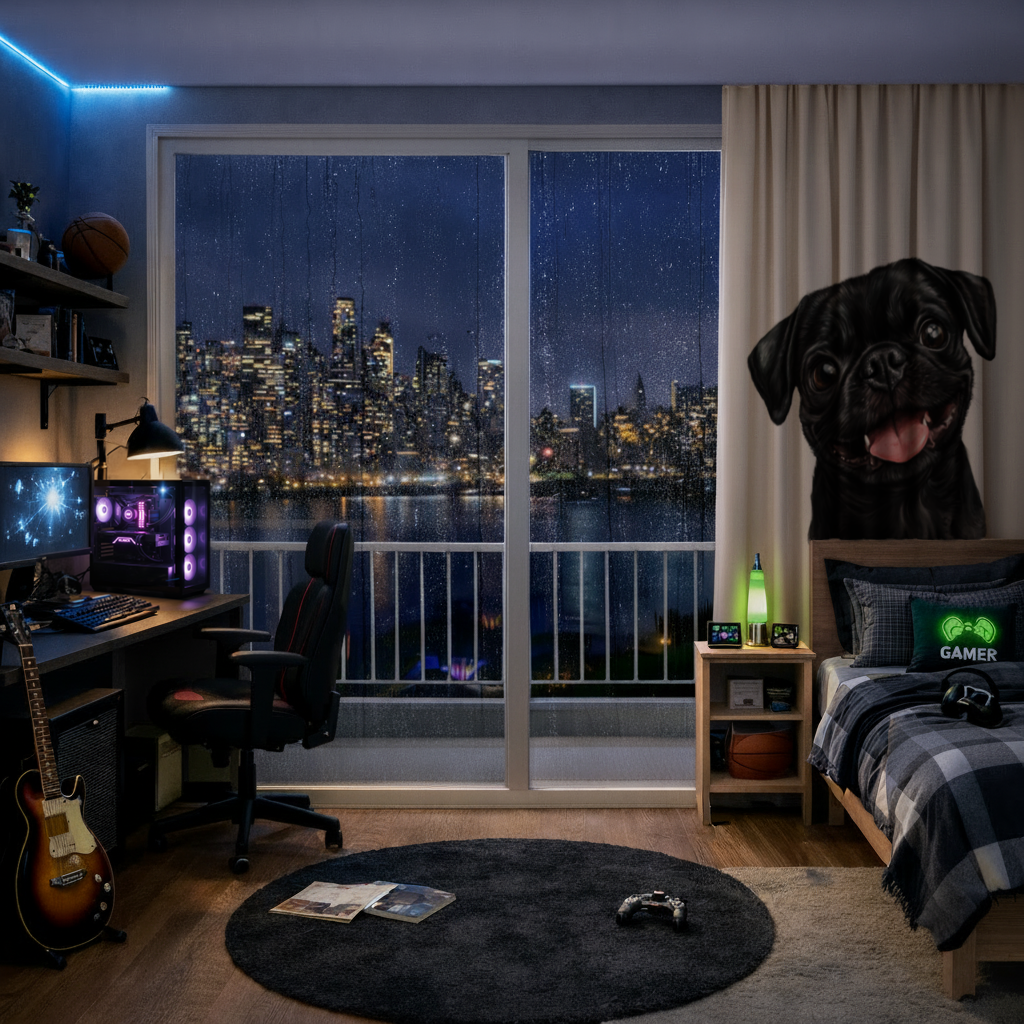 Gülümseyen Siyah Pug Köpek Fon Perde