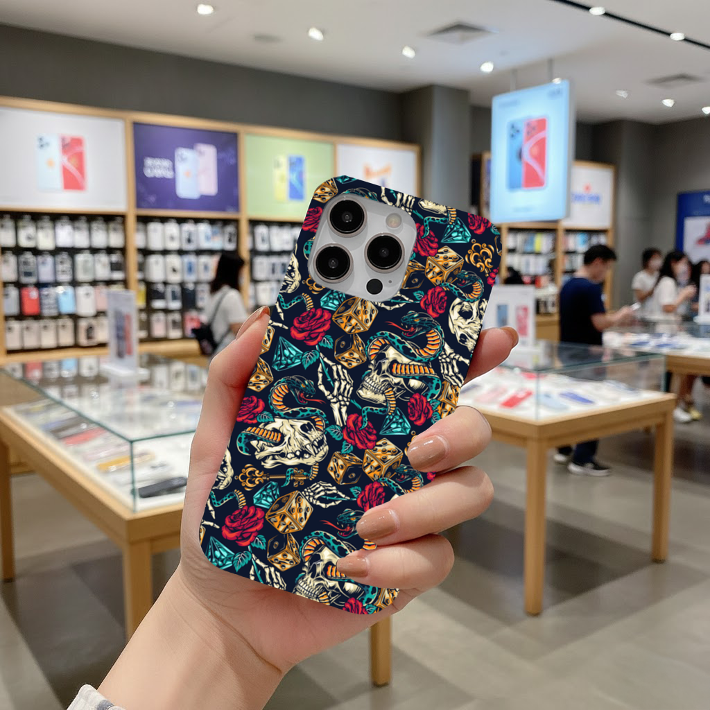 Skull Snake Dice and Roses Pattern iPhone 16 Pro Max Case