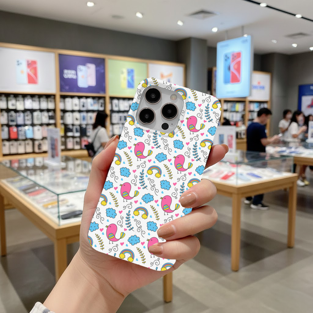 Cute Pink Bird and Rainbow Kids Pattern iPhone 16 Pro Max Case