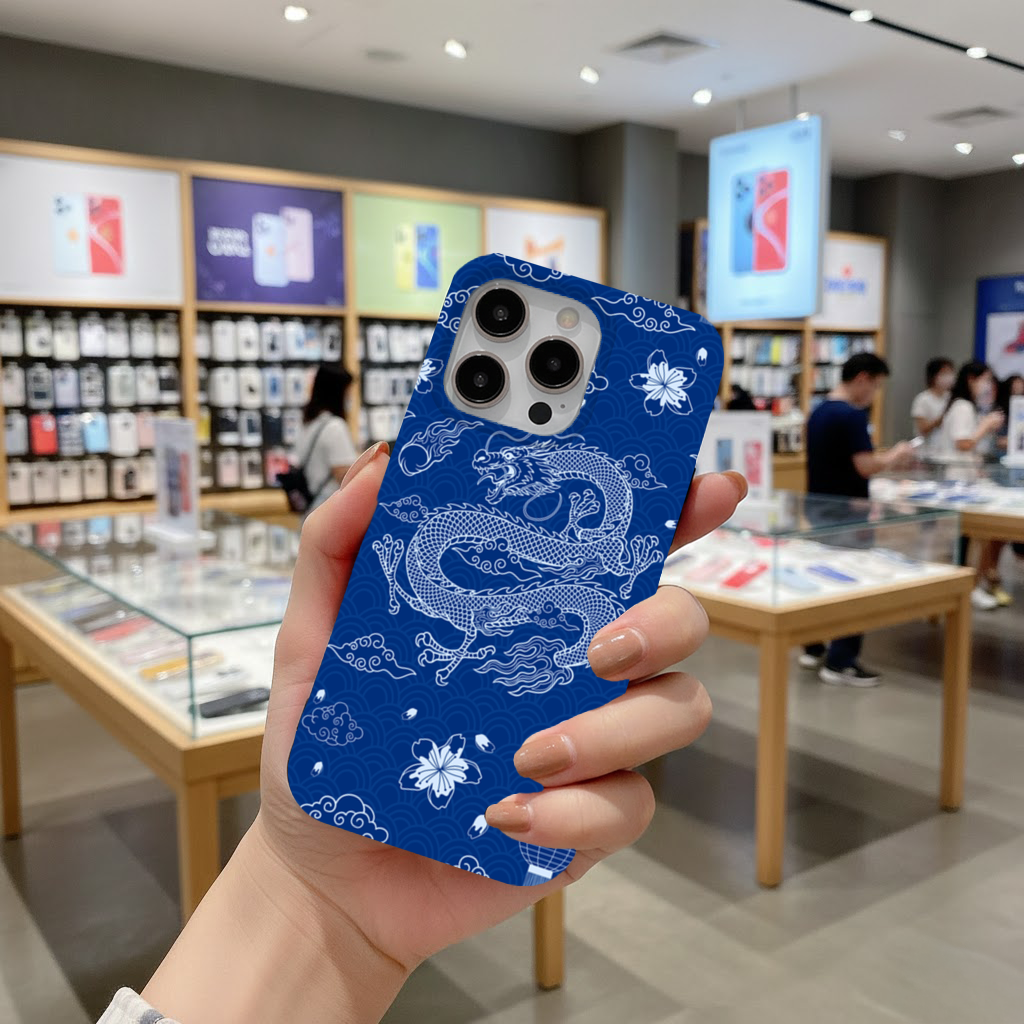 Traditional Dragon Pattern on Blue Background iPhone 16 Pro Max Case