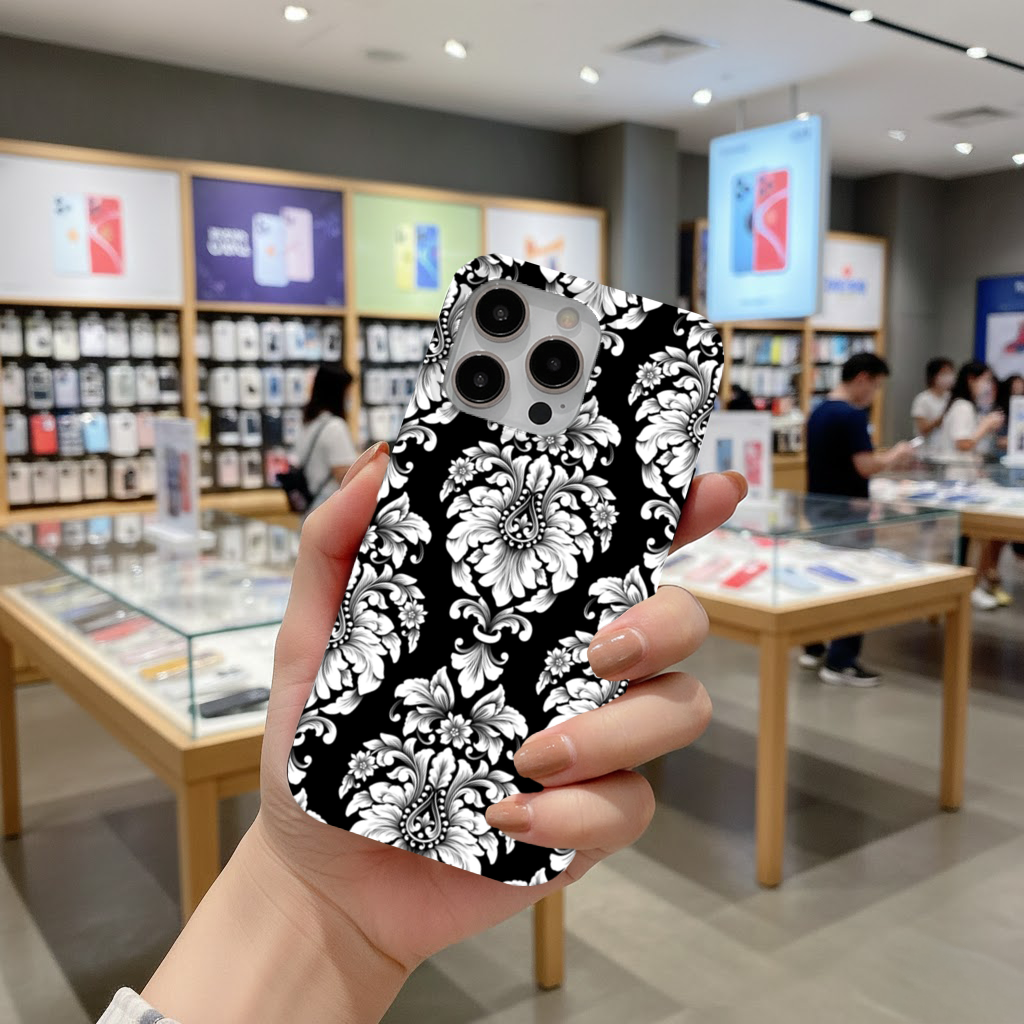 Black and White Baroque Floral Pattern iPhone 16 Pro Max Case