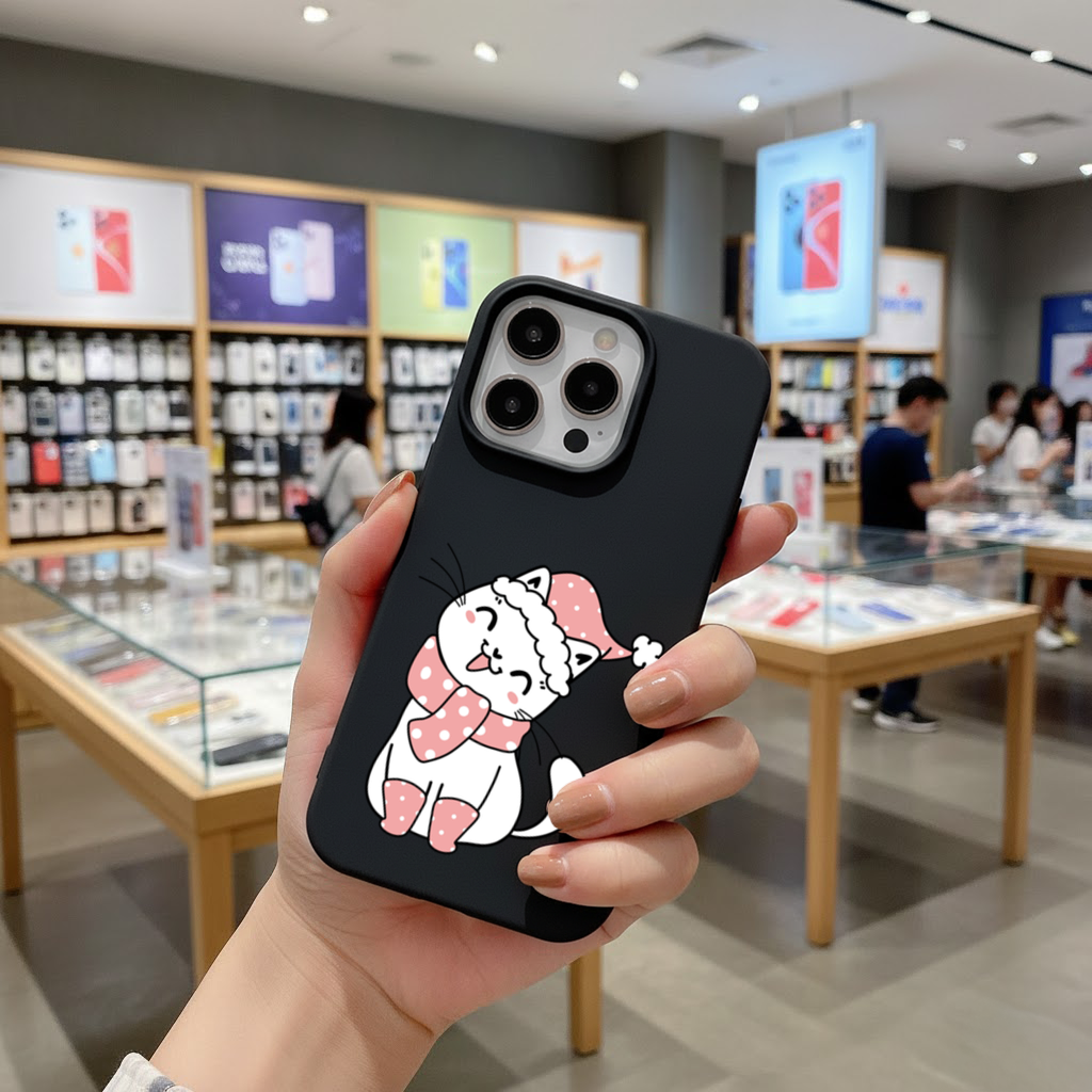 Sevimli Yılbaşı Kedisi Pembe Puantiyeli Çizim iPhone 16 Pro Max Kılıfı