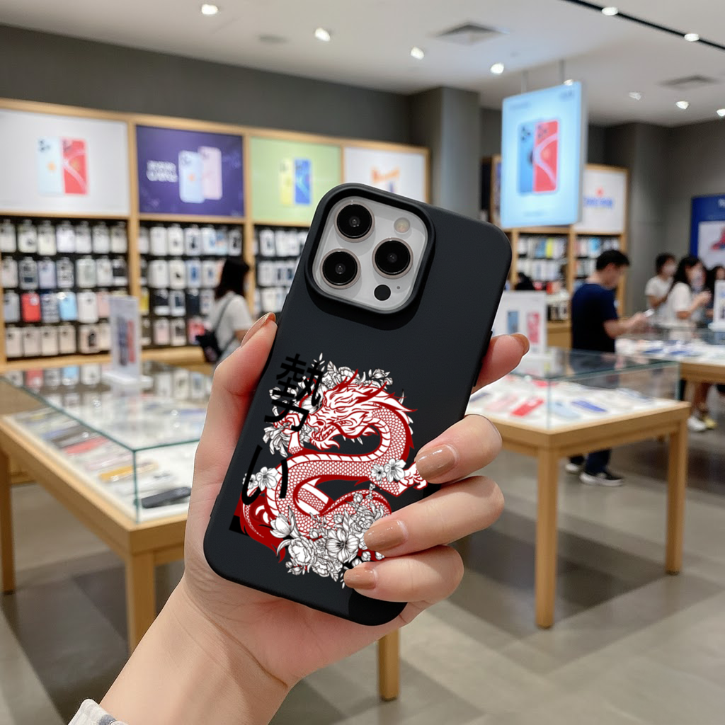 Japon Ejderhası ve Çiçek Deseni iPhone 16 Pro Max Kılıfı