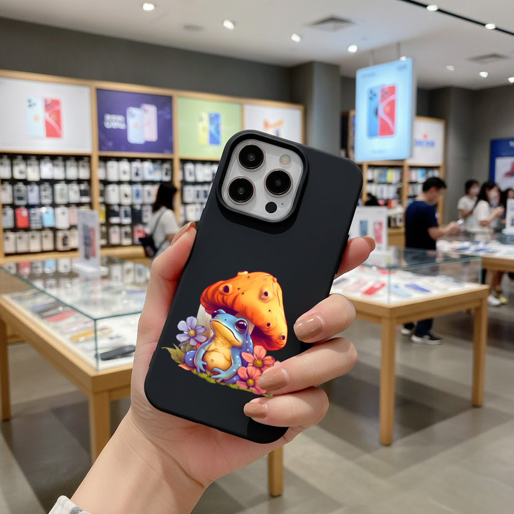 Blue Frog Resting Under Orange Mushroom iPhone 16 Pro Max Case