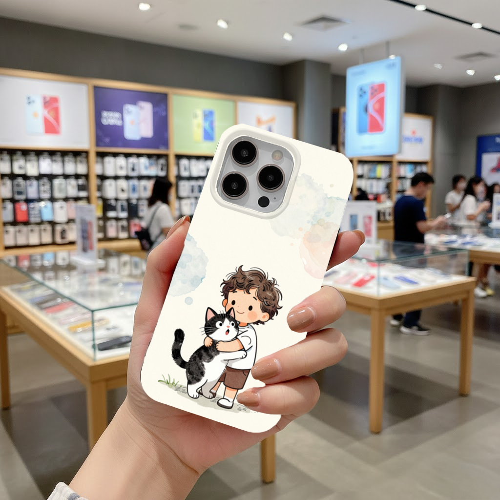 Boy Hugging Tuxedo Cat Charcoal iPhone 16 Pro Max Case