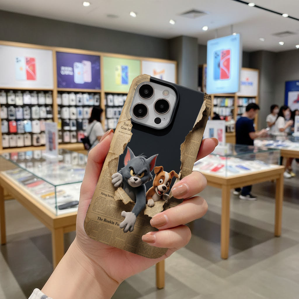 Angry Cat and Happy Puppy Peeking Through Paper iPhone 16 Pro Max Case