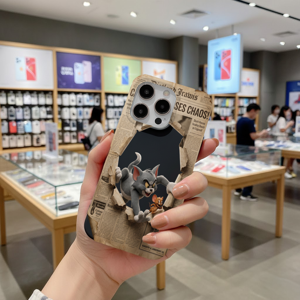 Grey Cat and Tiny Mouse Bursting Newspaper iPhone 16 Pro Max Case