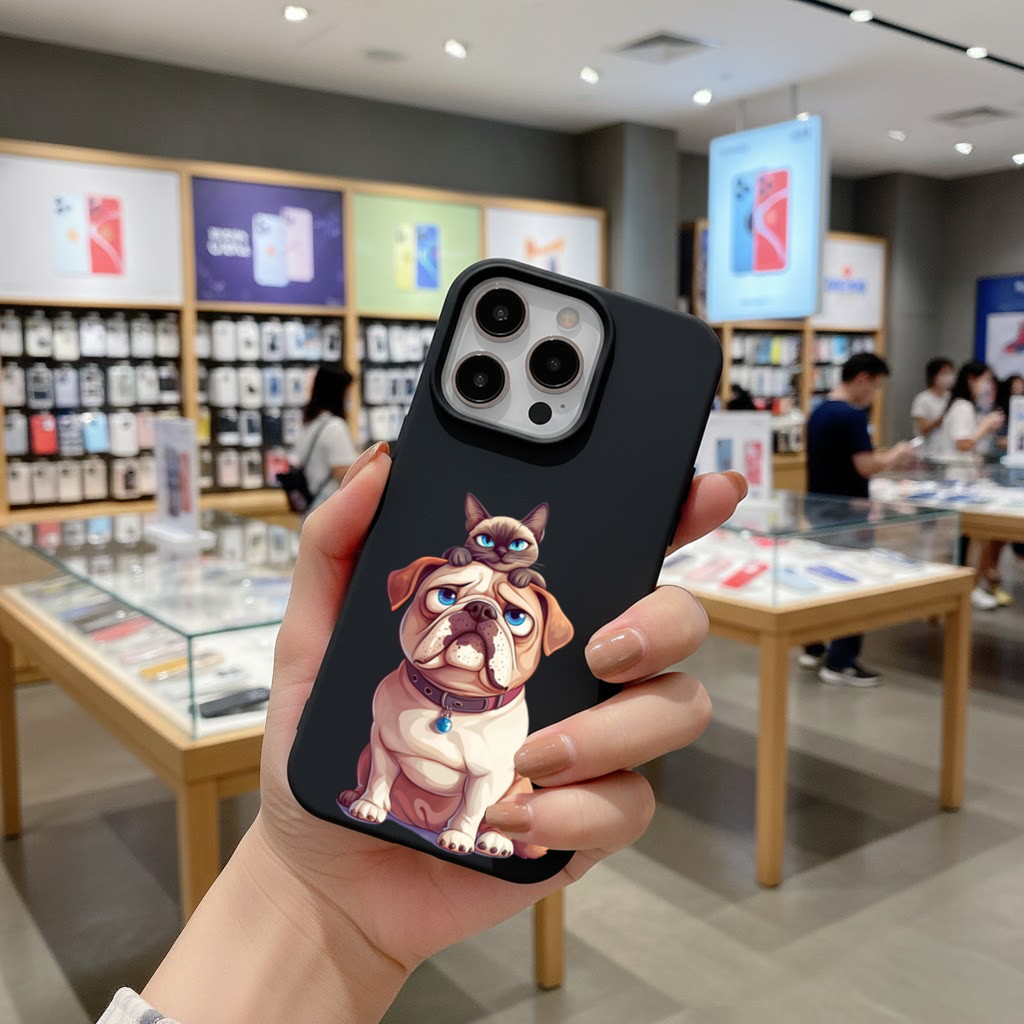 Sad Pug with Siamese Cat on Head iPhone 16 Pro Max Case