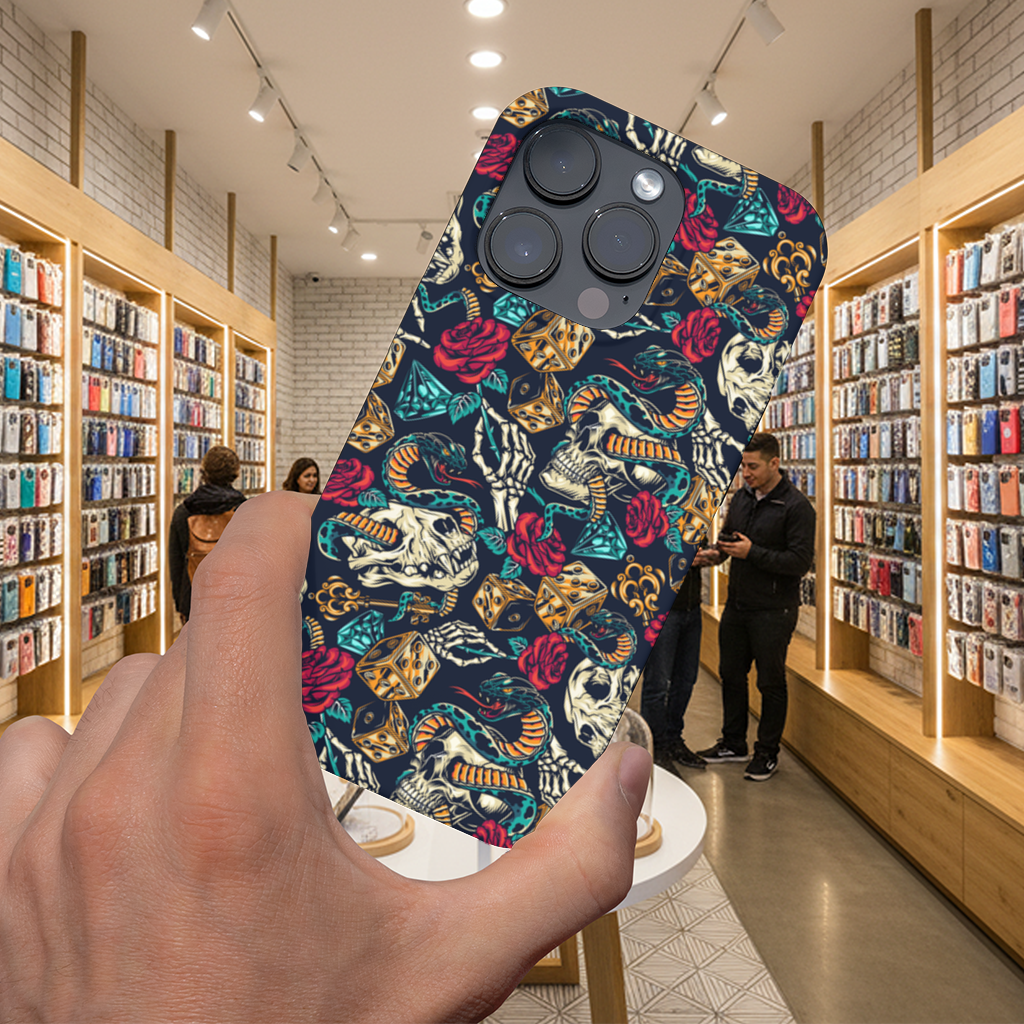 Skull Snake Dice and Roses Pattern iPhone 16 Pro Max Case
