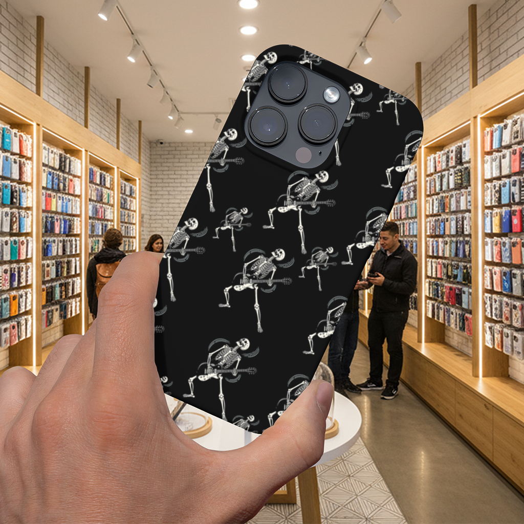 Rock Guitar Playing Skeleton Pattern on Black iPhone 16 Pro Max Case