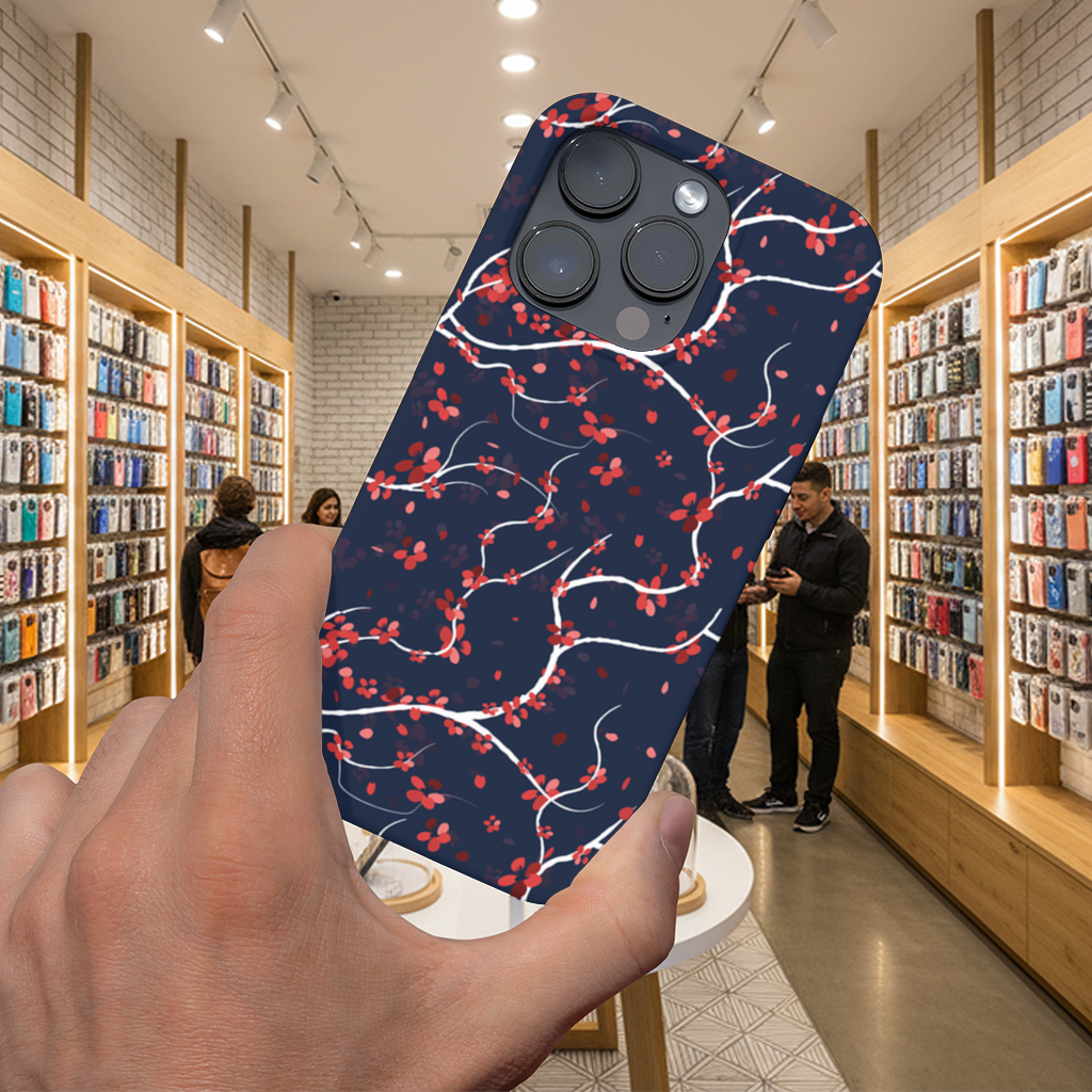 Red Floral Branch Pattern on Navy Background iPhone 16 Pro Max Case