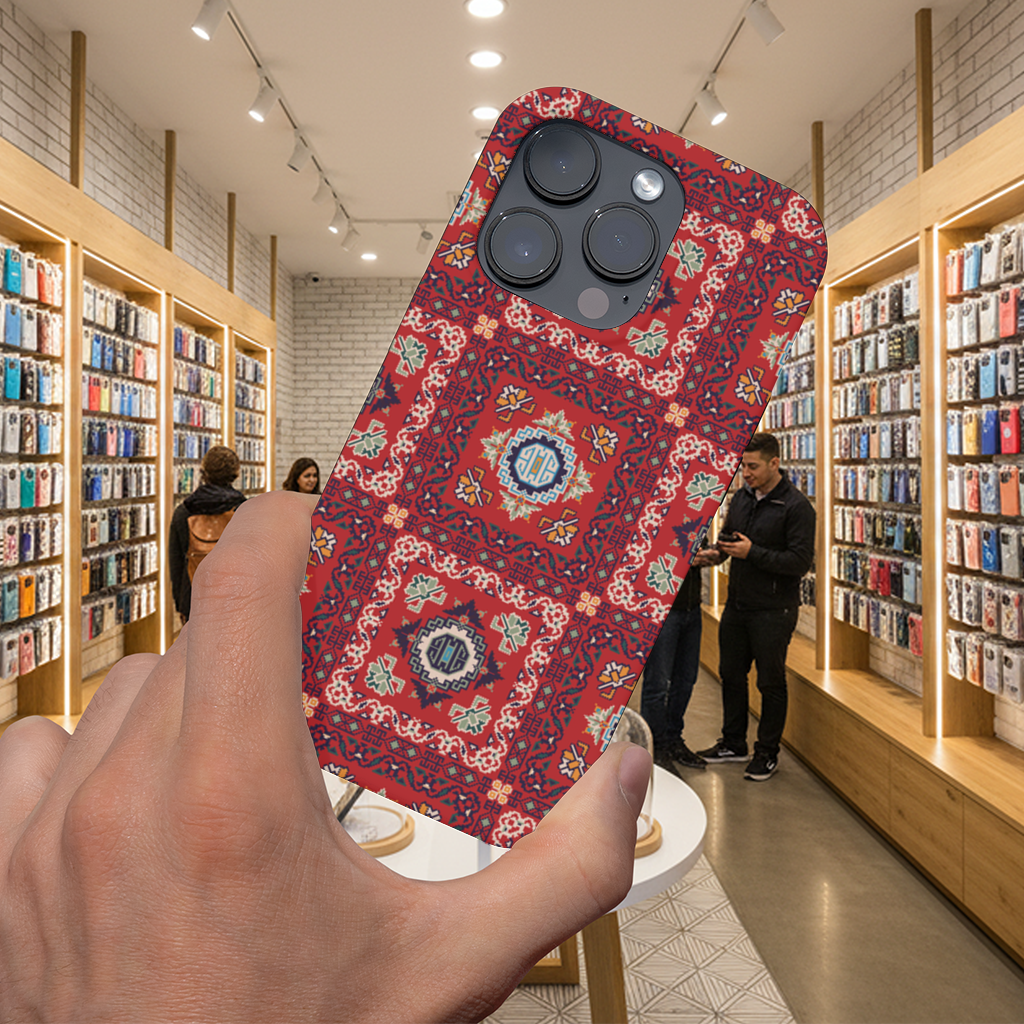 Geleneksel Kilim Motifli Kırmızı Etnik Geometrik Desen iPhone 16 Pro Max Kılıfı