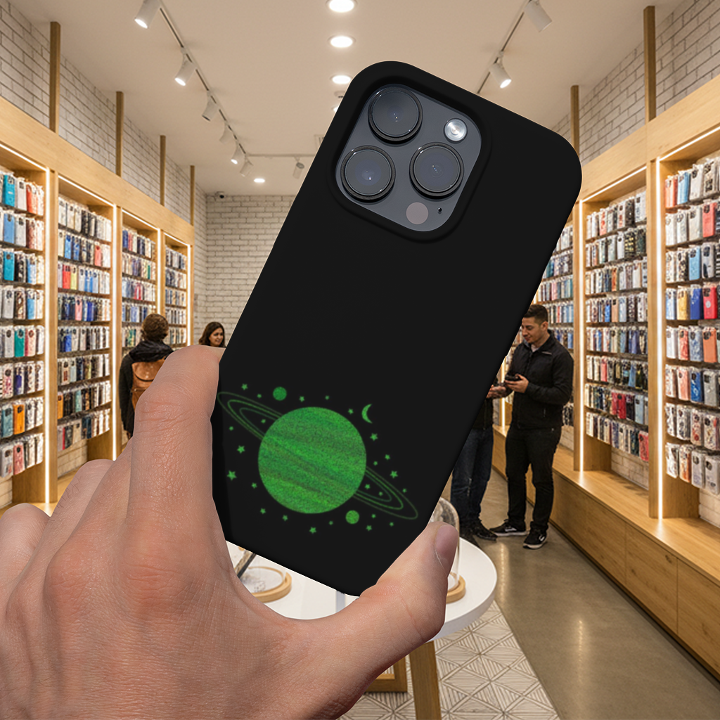 Green planets on a black background. iPhone 16 Pro Max Case