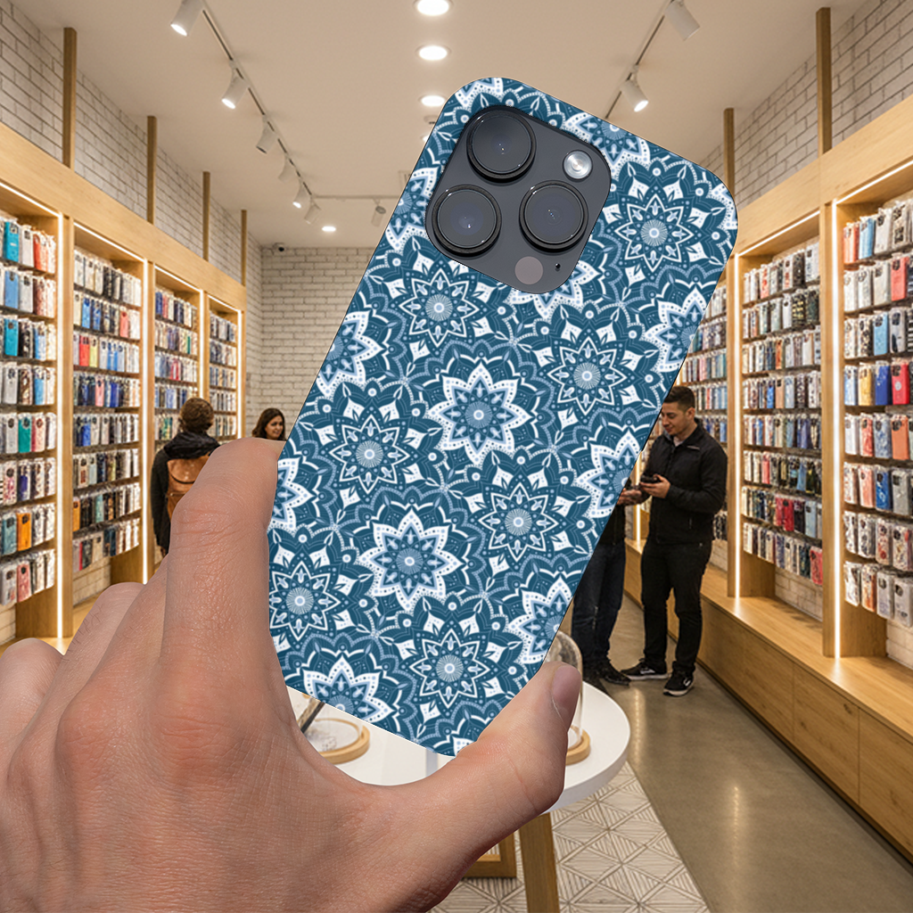 Mavi Tonlu Zarif Mandala Desen iPhone 16 Pro Max Kılıfı