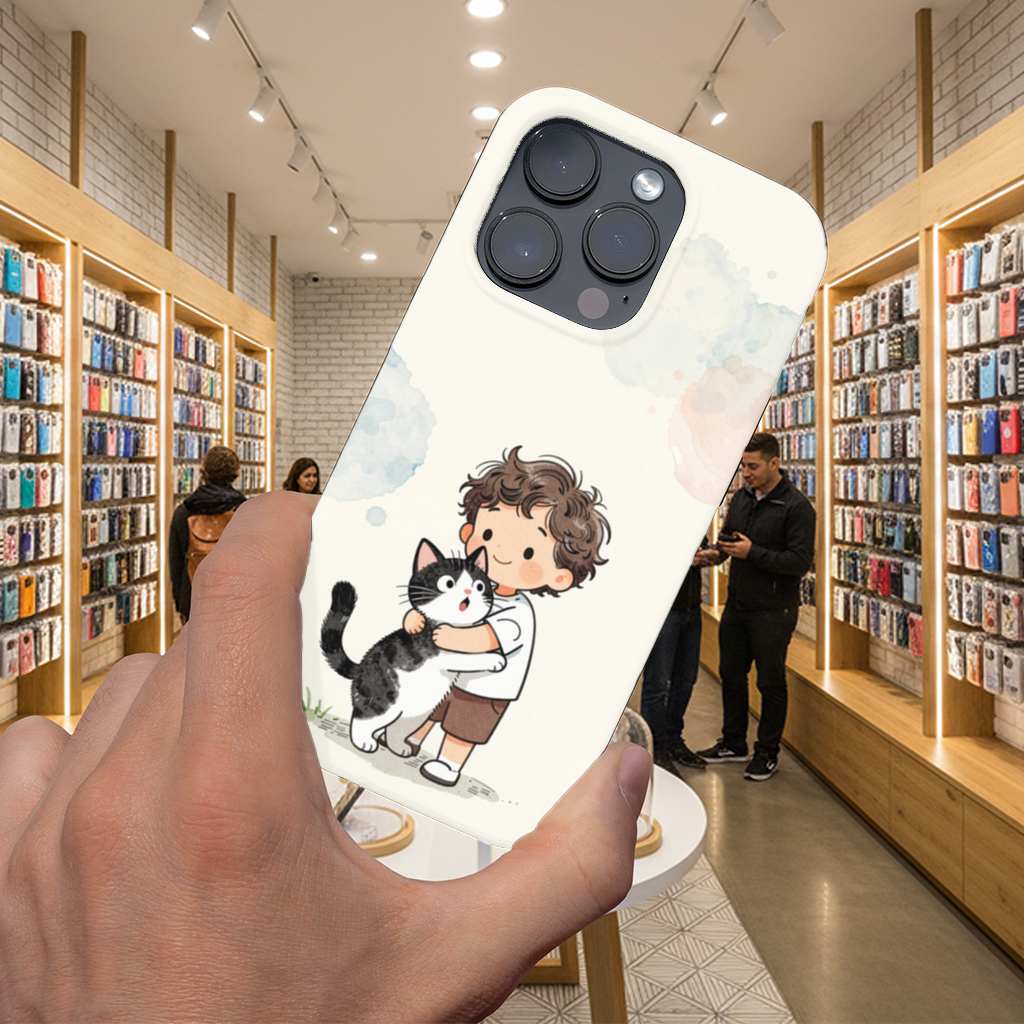 Boy Hugging Tuxedo Cat Charcoal iPhone 16 Pro Max Case