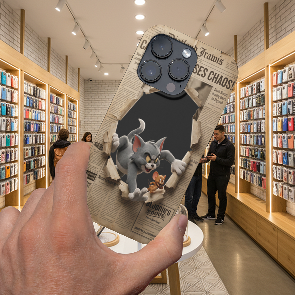 Grey Cat and Tiny Mouse Bursting Newspaper iPhone 16 Pro Max Case