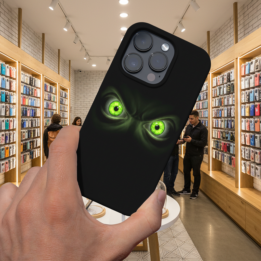 Glowing Green Monster Eyes in Darkness iPhone 16 Pro Max Case