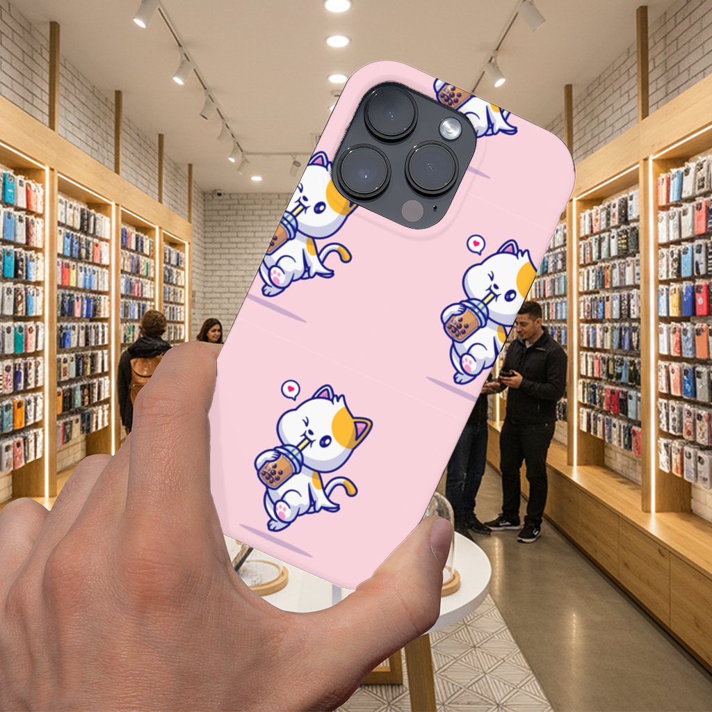 Kawaii Cat Drinking Boba Tea iPhone 16 Pro Max Case